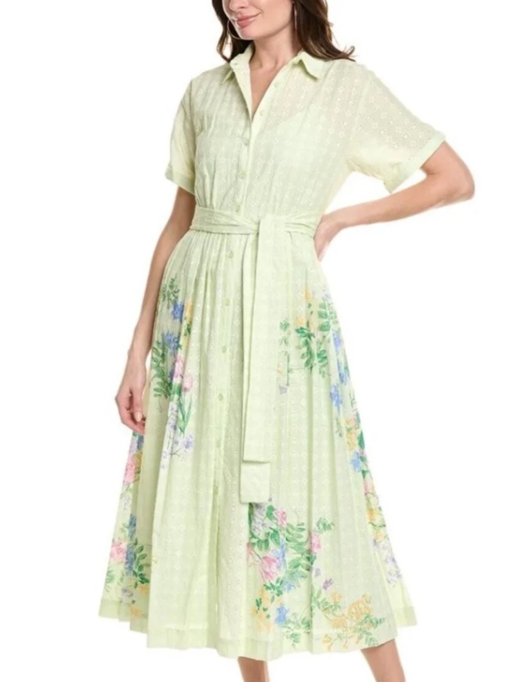 Taylor Women's Eyelet-Embroidered Belted Shirtdress - Pistachio Pea Green sz.12